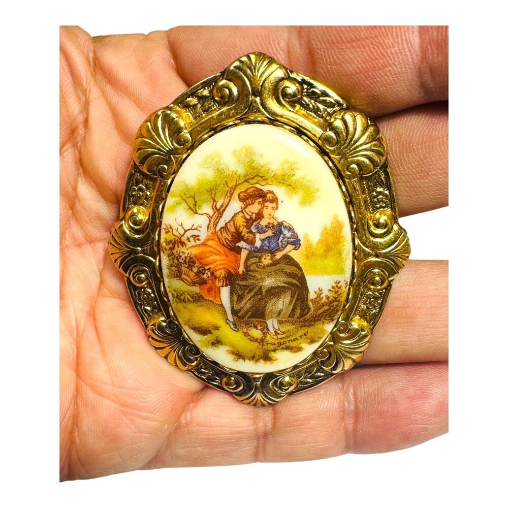 Vintage Fragonard Style Gold Tone Brooch With Romantic Scene Oval Porcelain